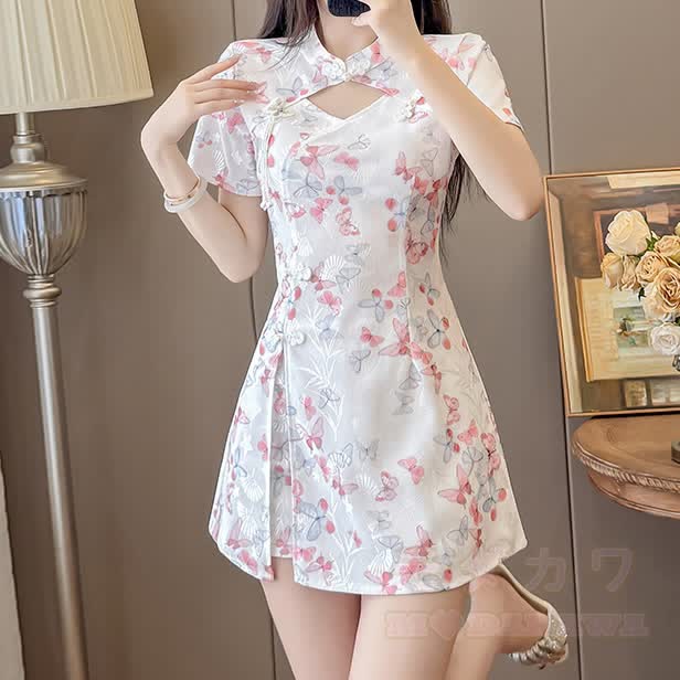 Vintage Butterfly Buckle Cheongsam Dress Shorts Two Pieces Set - Pink - 3XL - image 4