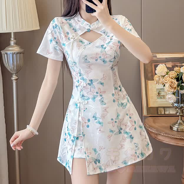 Vintage Butterfly Buckle Cheongsam Dress Shorts Two Pieces Set - Blue - 3XL - image 3
