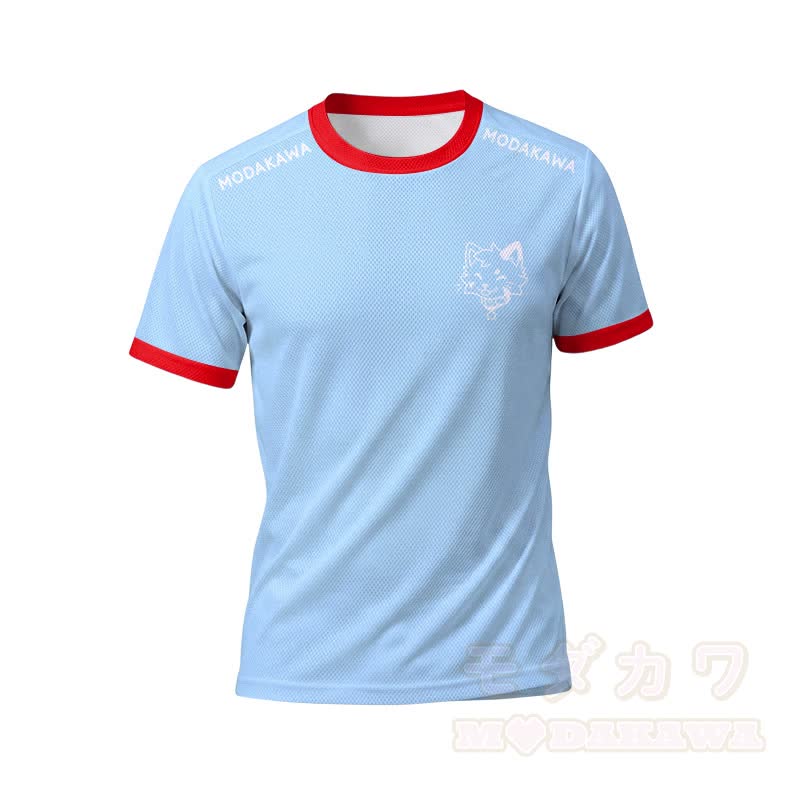MODAKAWA X popipeko Cat Graphic Men's Sports T-shirt Drawstring Shorts Matching Outfit - Blue Top - 5XL - image 2