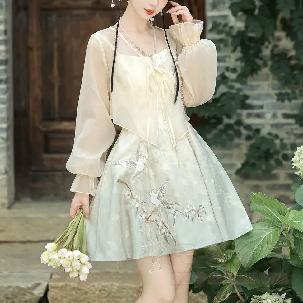Sheer Cardigan Bird Embroidered Cami Dress Matching Outfit - image 2