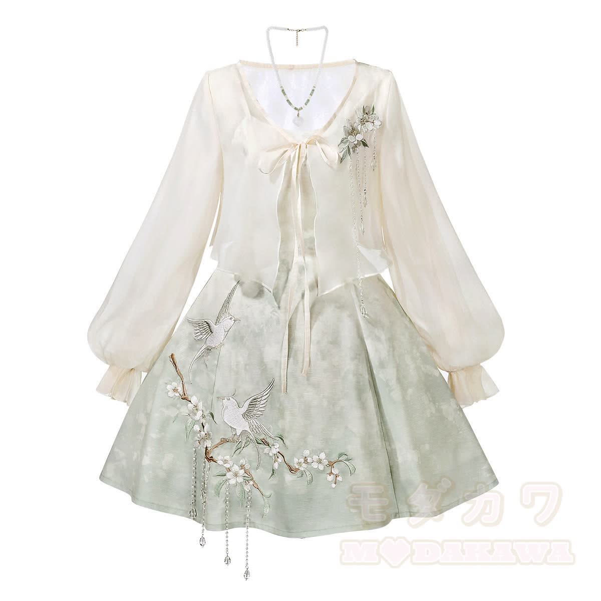Sheer Cardigan Bird Embroidered Cami Dress Matching Outfit - Set - L - image 1