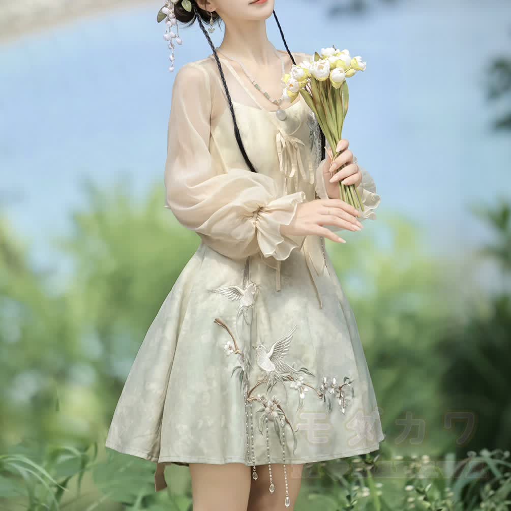 Sheer Cardigan Bird Embroidered Cami Dress Matching Outfit - image 7