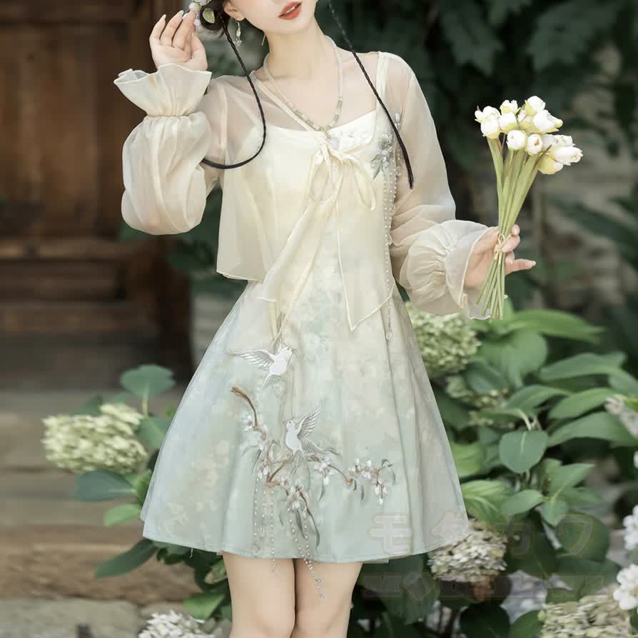 Sheer Cardigan Bird Embroidered Cami Dress Matching Outfit - image 6