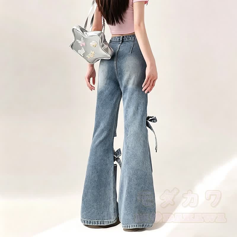 Bow Tie Cut Out Flare Denim Pants - image 3