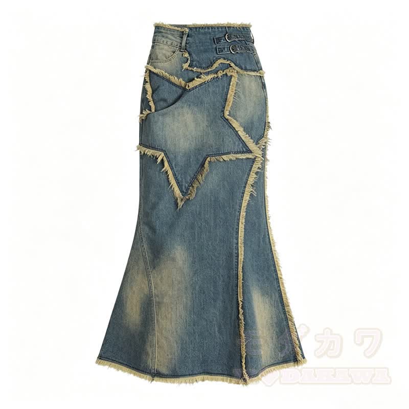 Star Patchwork Denim Maxi Skirt - Blue - 2XL - image 3