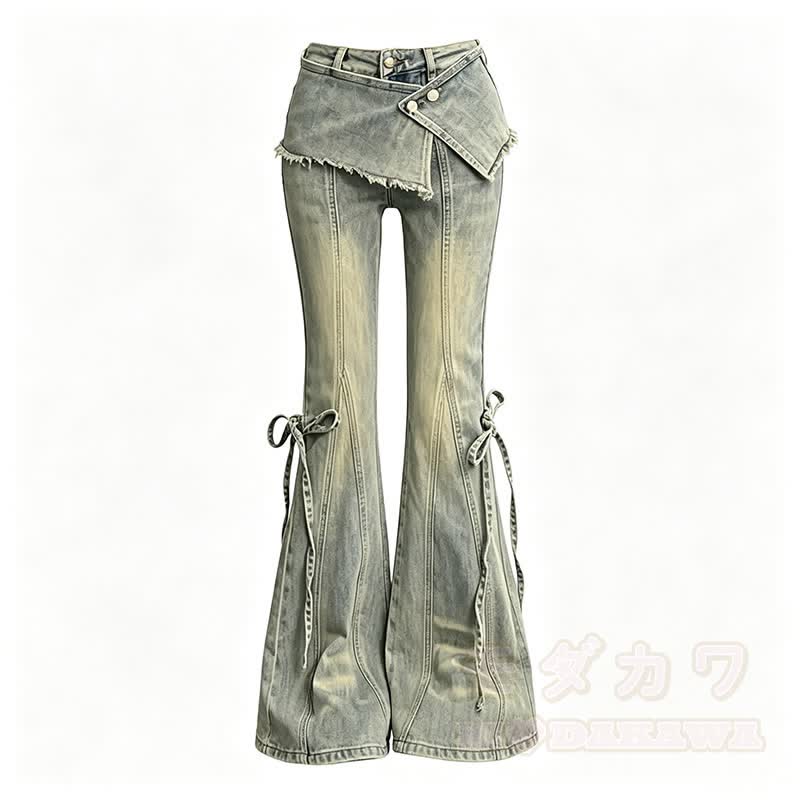 Layered Wide Leg Flared Denim Pants - Blue - XL - image 2