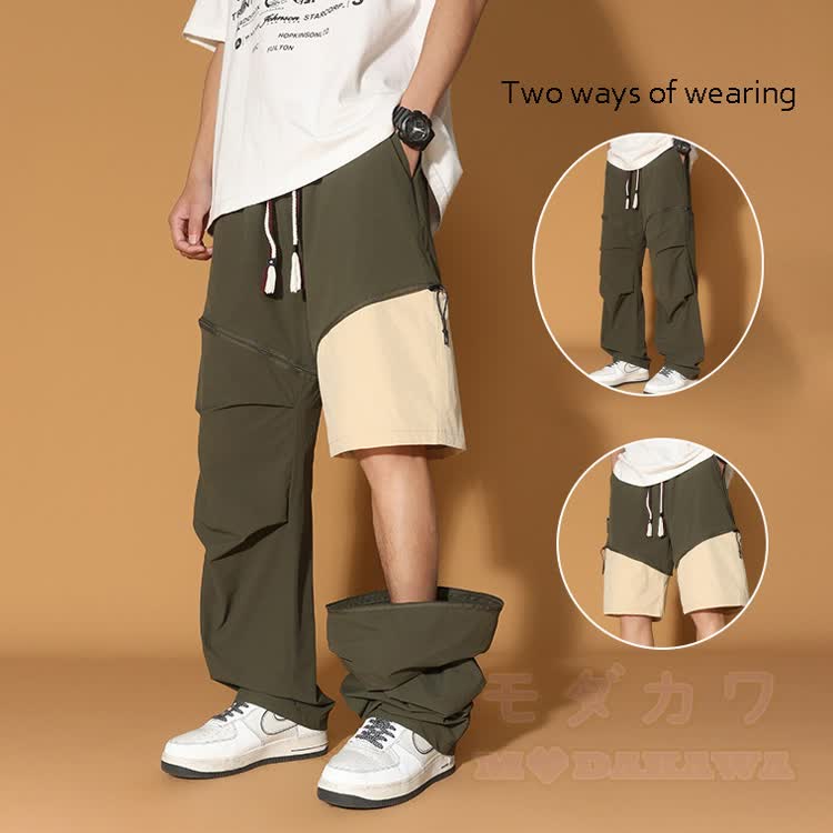 Convertible Wide Leg Cargo Pants Shorts - Green - 8XL - image 1