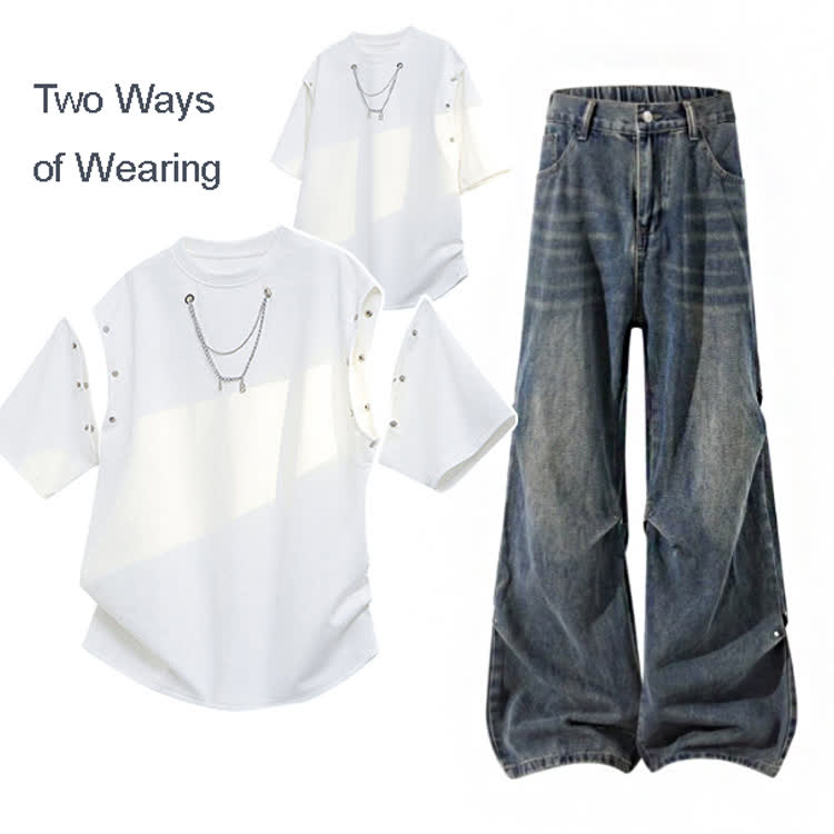 Detachable Sleeve T-Shirt & Wide Leg Jeans - image 1