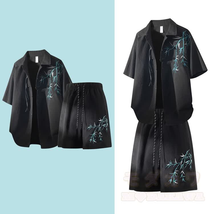 Bamboo Embroidered Button-Up Shirt & Shorts - image 1