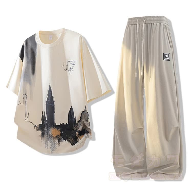 City Graphic Oversized T-Shirt & Wide Leg Pants Set - Set A【Apricot T-shirt+Khaki Pants】 - 4XL - image 2