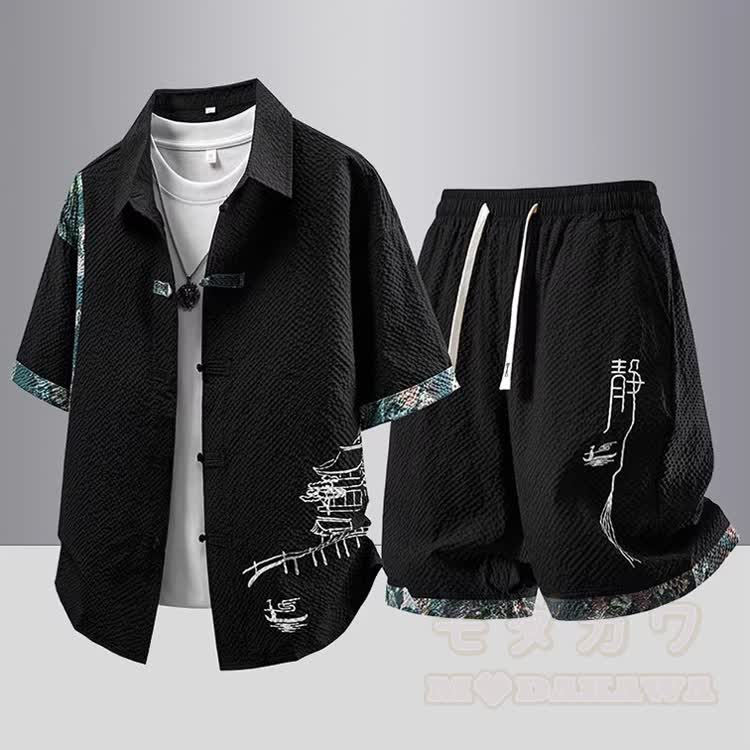 Chinese Style Textured Frog Button Shirt and Drawstring Shorts Set - Black Set - 4XL - image 1
