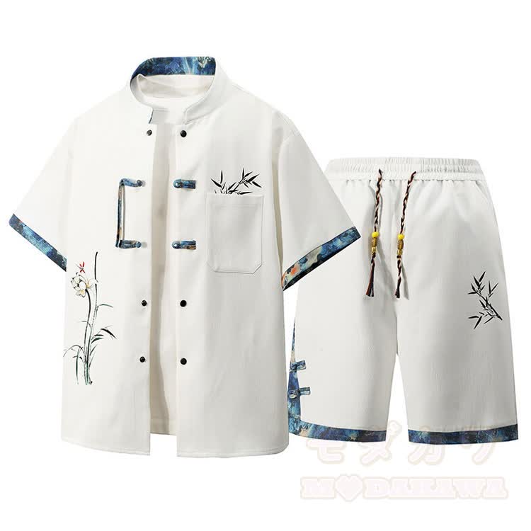 Embroidered Frog Button Shirt T-Shirt Shorts Three Piece Set - White - 3XL - image 2