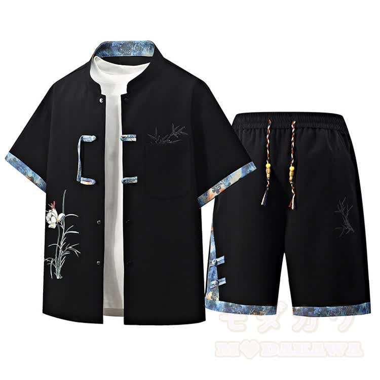 Embroidered Frog Button Shirt T-Shirt Shorts Three Piece Set - Black - 3XL - image 1
