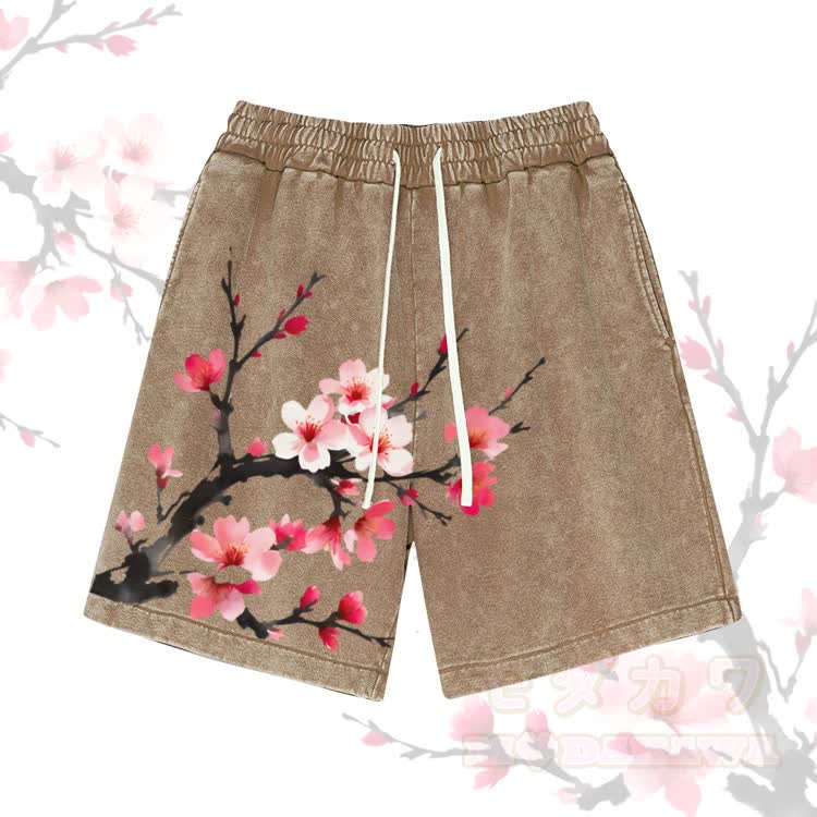 Cherry Blossom Graphic Modakawa Vintage Washed Shorts - Brown - 3XL - image 2