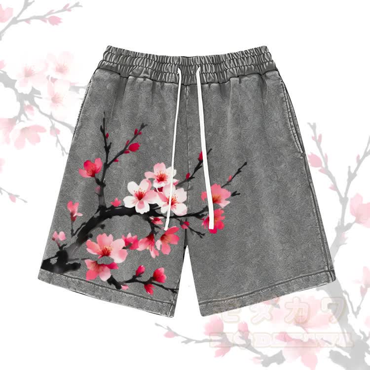 Cherry Blossom Graphic Modakawa Vintage Washed Shorts - Grey - 3XL - image 1