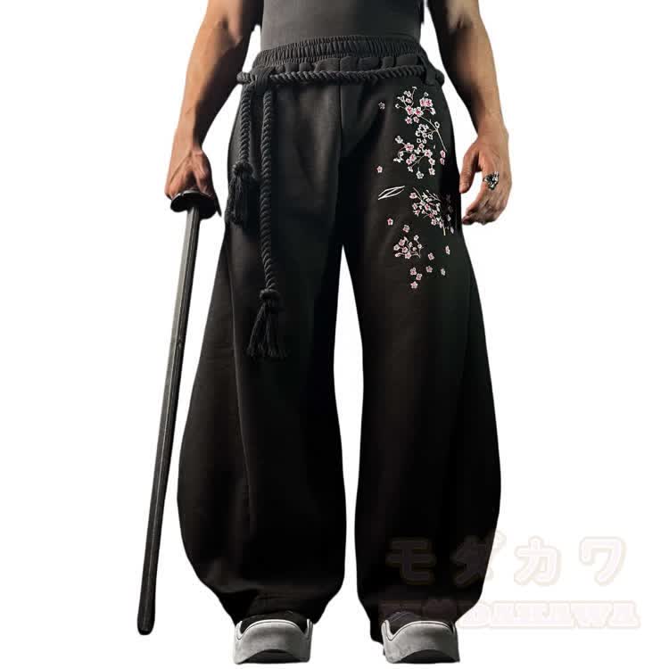 Sakura Embroidered Wide Leg Drawstring Sweatpants - Black A - 2XL - image 1