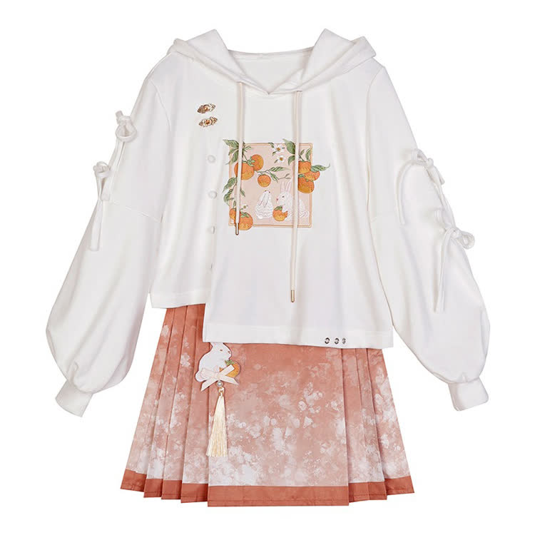 Orange Bunny Graphic Hoodie with Pink Pleated Mini Skirt - Set【Hoodie+Skirt】 - L - image 1