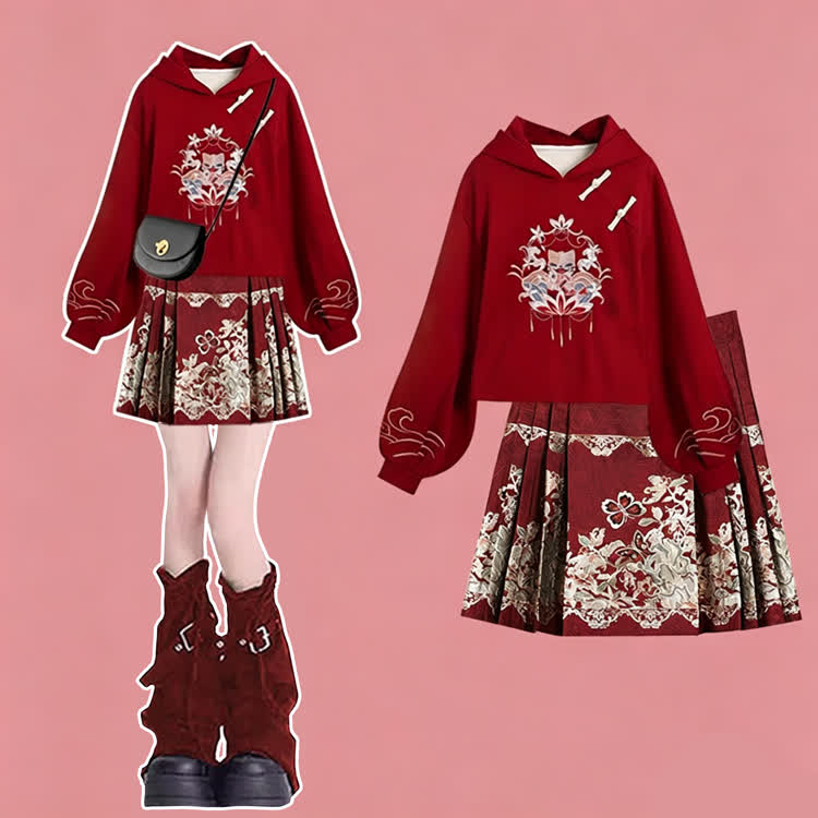 Red Embroidered Hoodie with Pleated Mini Mamian Skirt - Set【Hoodie+Skirt】 - 4XL - image 1
