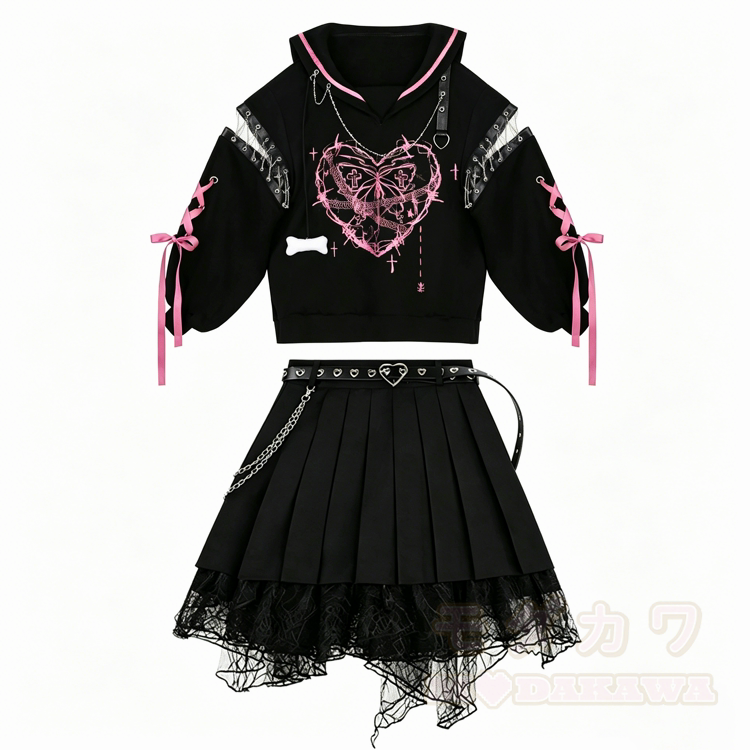 Goth Heart Graphic Oversized Hoodie with Layered Lace Pleated Skirt - image 1