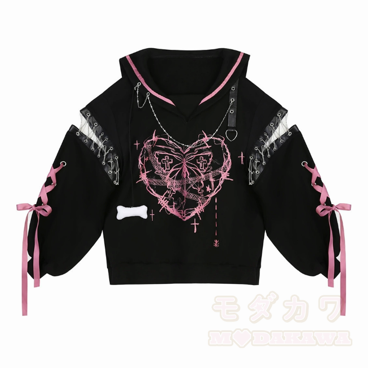 Goth Heart Graphic Oversized Hoodie with Layered Lace Pleated Skirt - Black Hoodie【Single】 - L - image 2