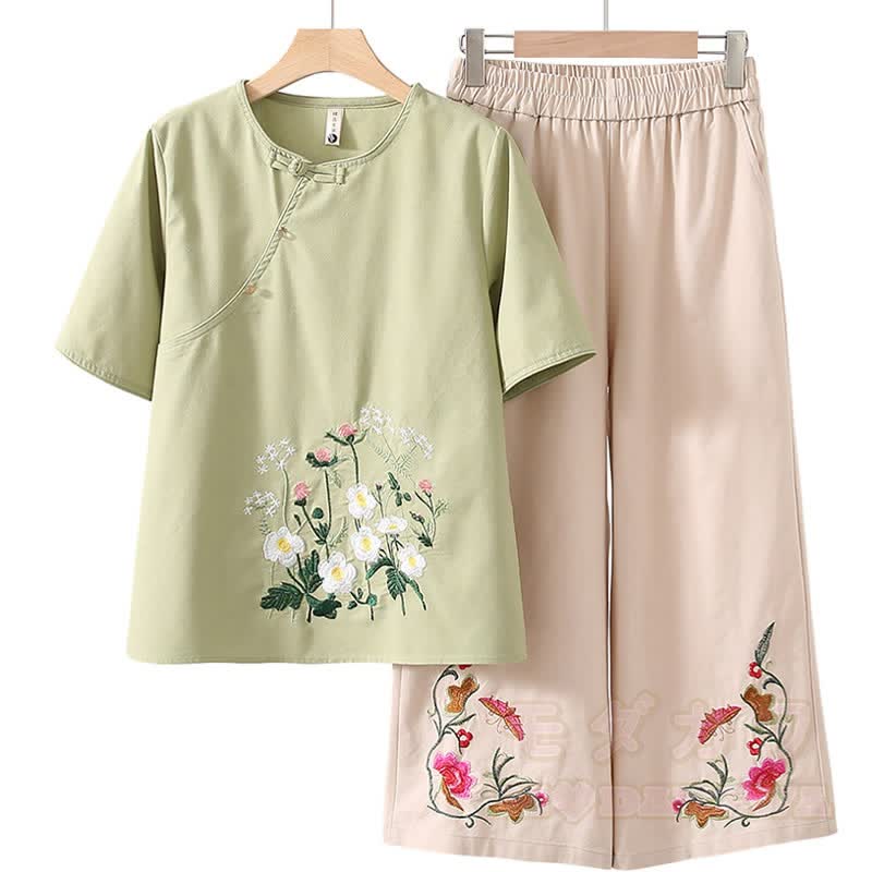 Chinese Style Flower Embroidered Top Cropped Wide Leg Pants Two Pieces Set - Green - 5XL - image 3