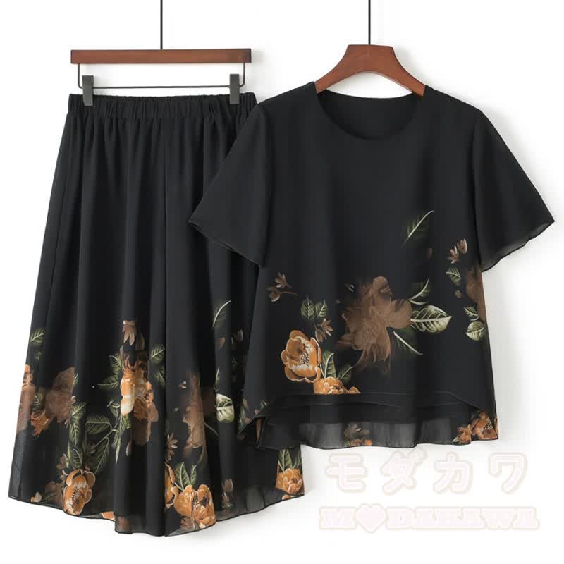 Floral Print Top Cropped Wide Leg Pants Two Pieces Set - Yellow - 5XL - image 3