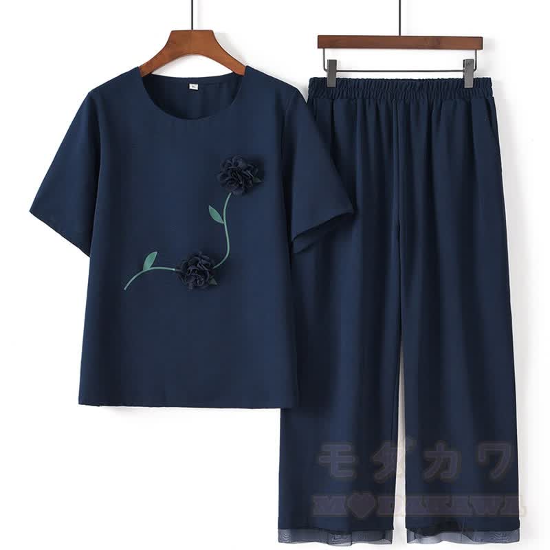 3D Flower Top Cropped Wide Leg Pants Two Pieces Set - Purplish Blue - 5XL - image 3