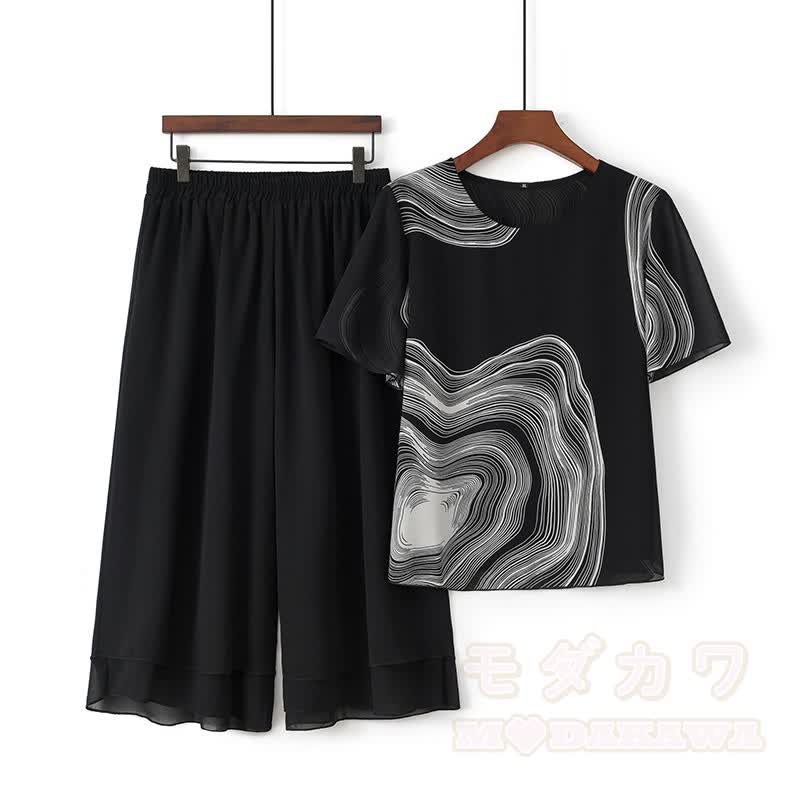 Wave Print Top Cropped Wide Leg Pants Two Pieces Set - Black - 5XL - image 4