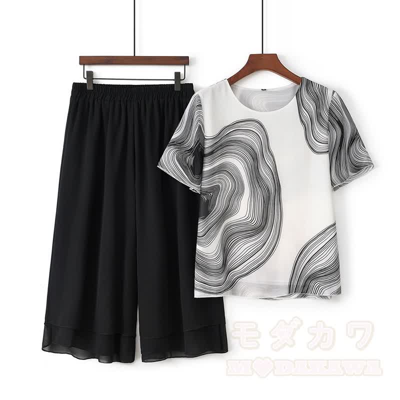 Wave Print Top Cropped Wide Leg Pants Two Pieces Set - White - 5XL - image 3