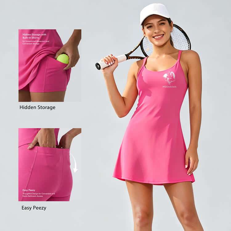 MODAKAWA X popipeko Tongue Out Puppy Graphic Sleeveless Workout Tennis Dress with Hidden Pocket Shorts - image 1