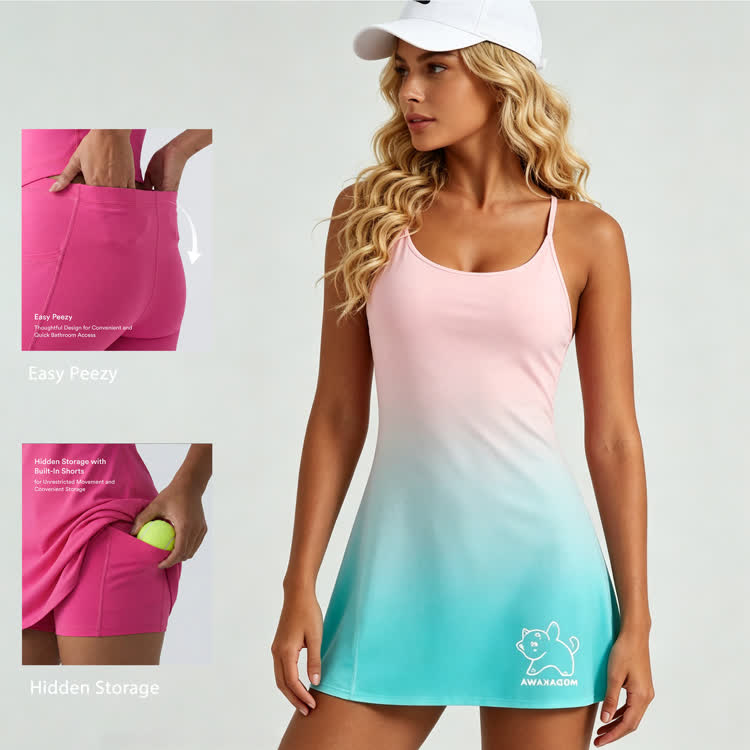 Kitty Graphic Modakawa Gradient Sleeveless Workout Tennis Dress with Hidden Pocket Shorts - image 1