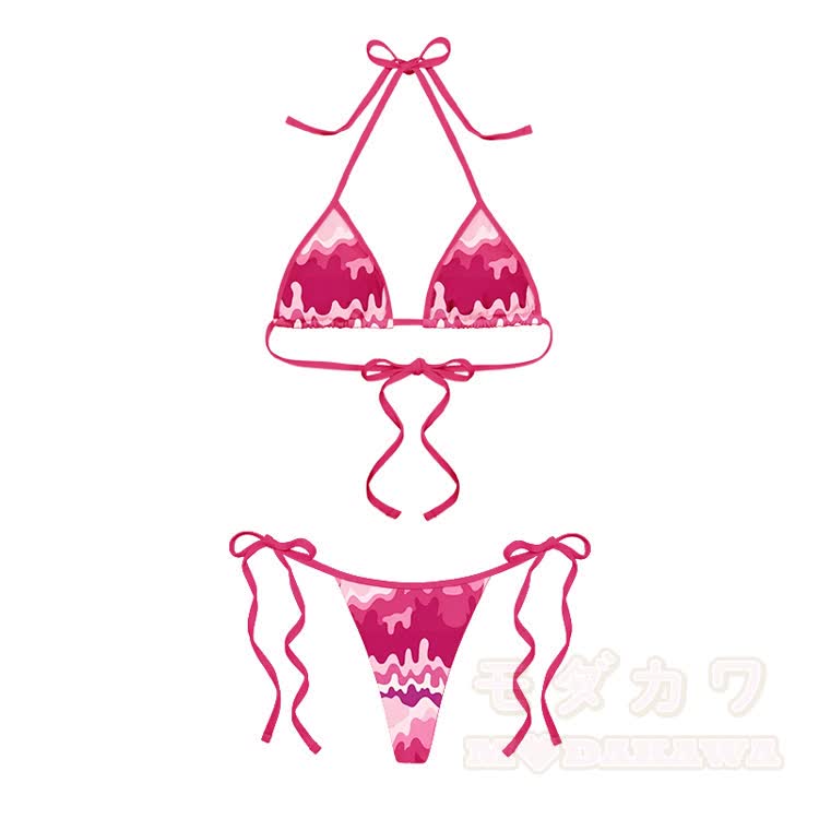 Couples Wave Print Modakawa Two Piece Bikini Swimsuit & Men's Beach Swim Shorts - Pink Set - 5XL - image 2