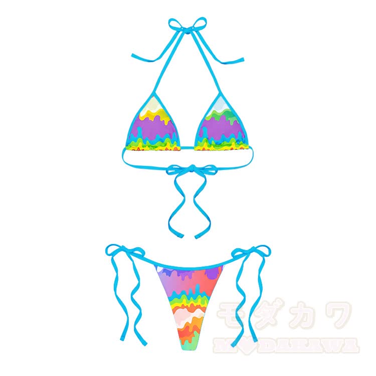 Couples Rainbow Wave Print Modakawa Two Piece Bikini Swimsuit & Men's Beach Swim Shorts - Multicolor Set - 5XL - image 2