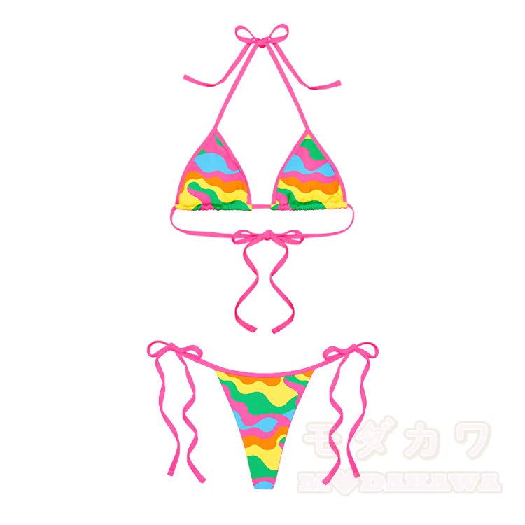 Couples Wave Rainbow Print Modakawa Two Piece Bikini Swimsuit & Men's Beach Swim Shorts - Multicolor Set - 5XL - image 2