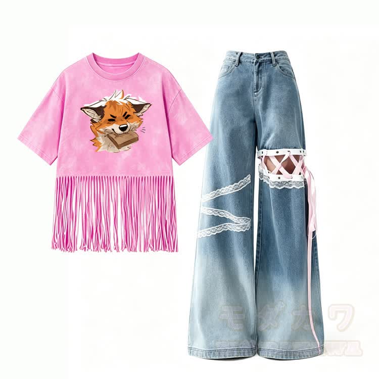 MODAKAWA X atka Fox Biting Graphic Washed T-Shirt & Lace Up Wide Leg Jeans - image 1