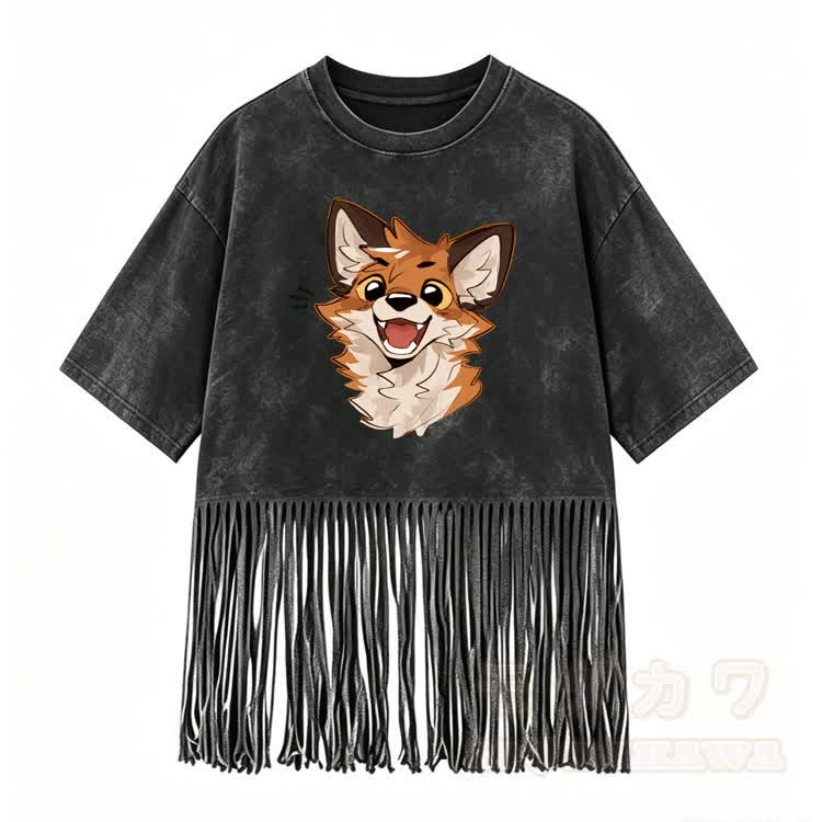 MODAKAWA X atka Fox Graphic Washed T-Shirt & Studded Denim Shorts - Black T-Shirt - 5XL - image 2