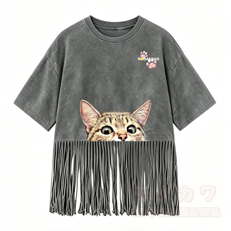 Kitty Graphic Modakawa Washed Fringe T-Shirt - Grey - 5XL - image 3