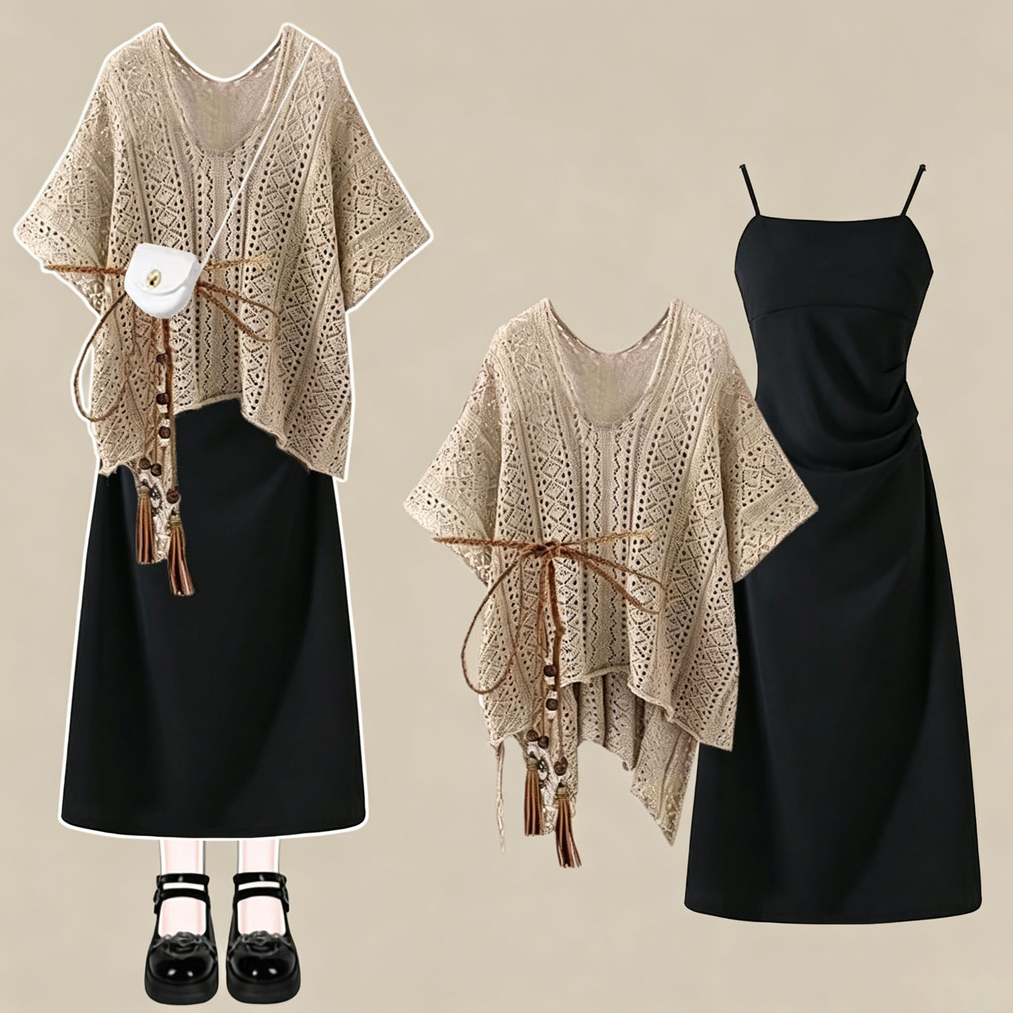 Hollow Knit Tassel Elegant Dress Two pieces set - Coffee Coverup + Dress - 4XL - image 1