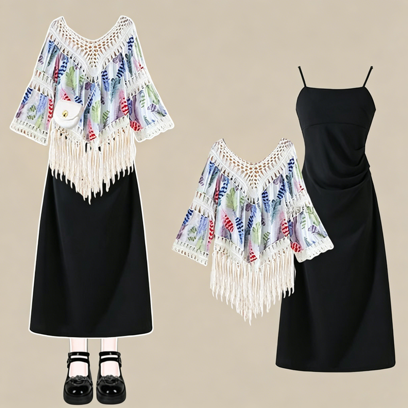 Hollow Knit Tassel Elegant Dress Two pieces set - Blue Coverup + Dress - 4XL - image 2