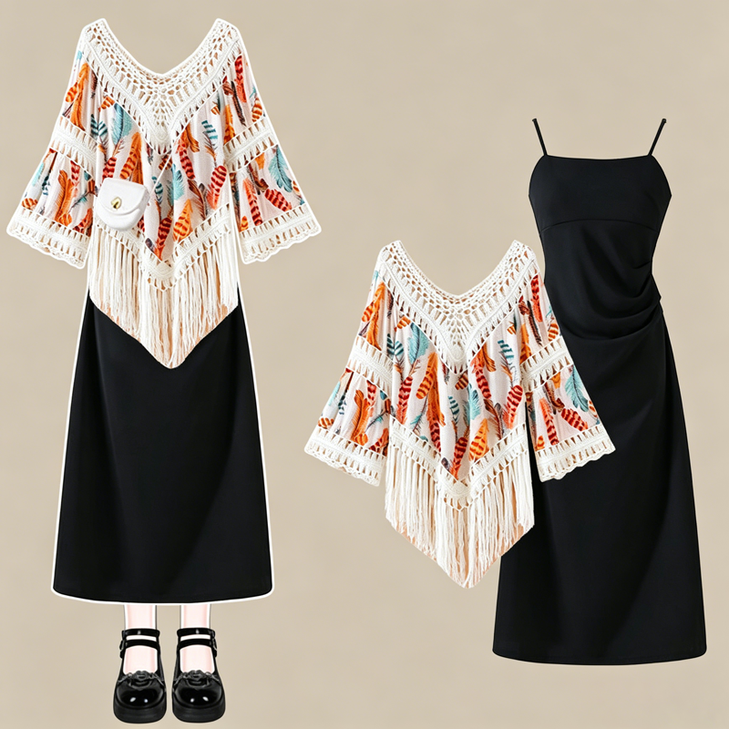 Hollow Knit Tassel Elegant Dress Two pieces set - Orange Coverup + Dress - 4XL - image 3