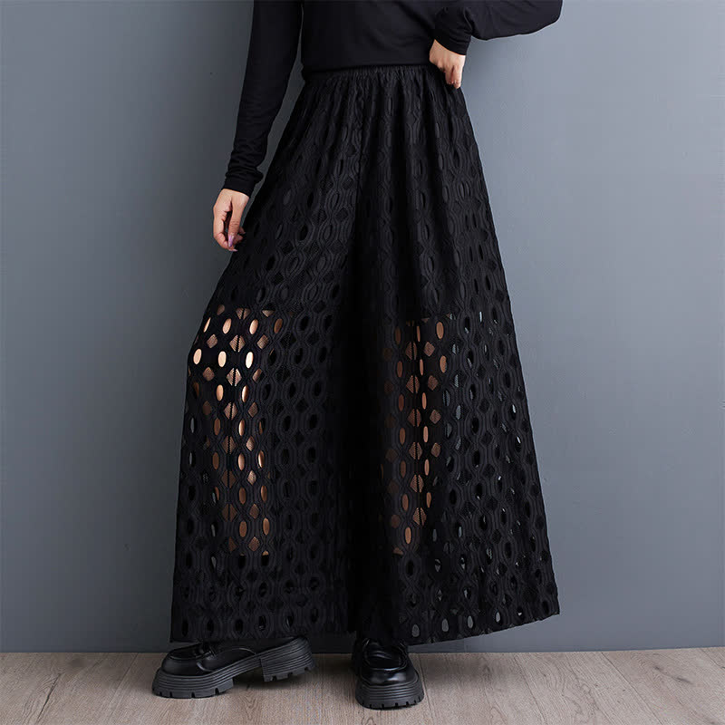 High Waist Hollow Out Mesh Knit Long Skirt  - Black - One Size - image 1