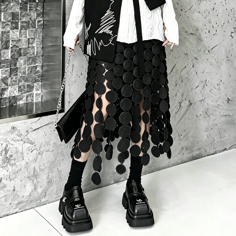 Circular Patch Hollow Out Irregular Asymmetrical Skirt - image 1