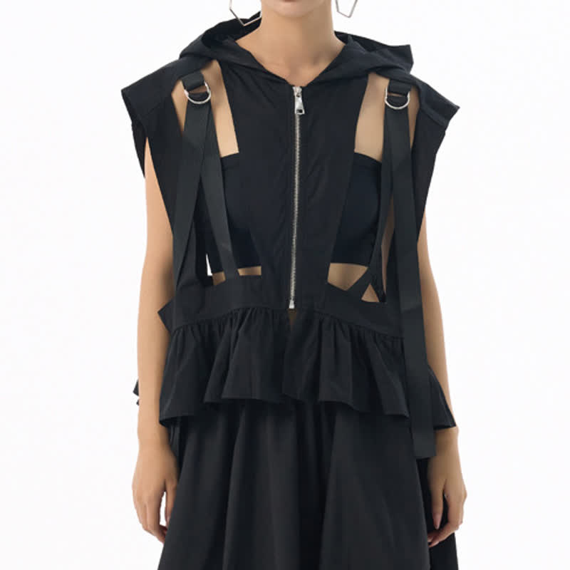 Dark Cut Out Strap Zip Up Hooded Sleeveless Vest - image 4