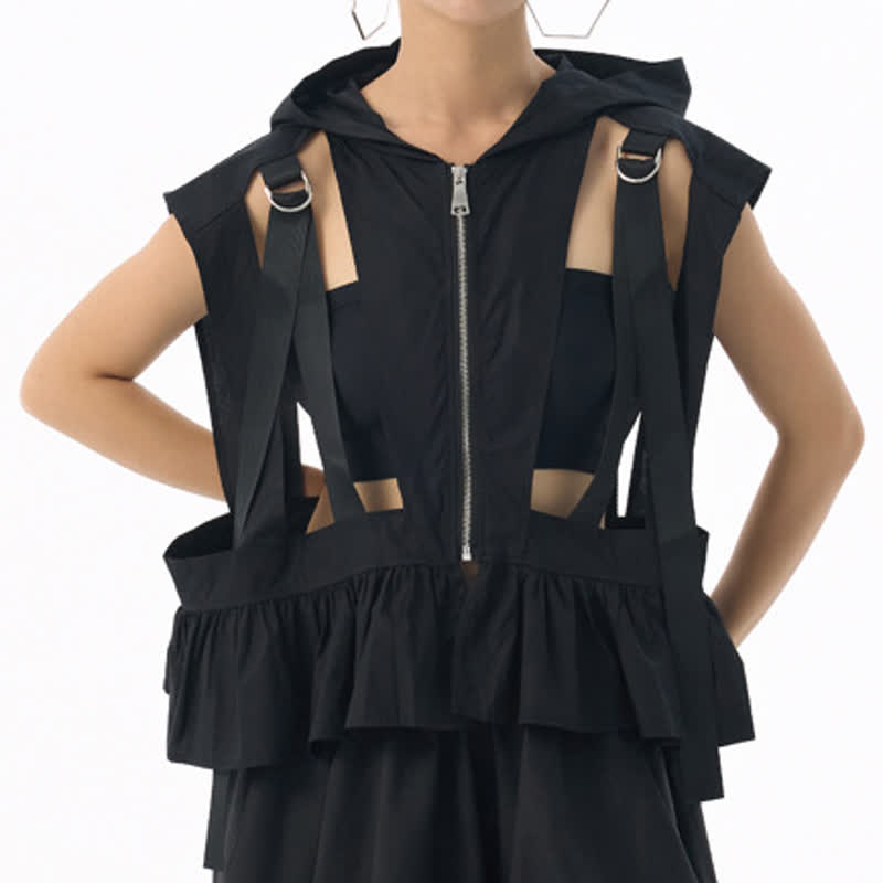 Dark Cut Out Strap Zip Up Hooded Sleeveless Vest - image 3