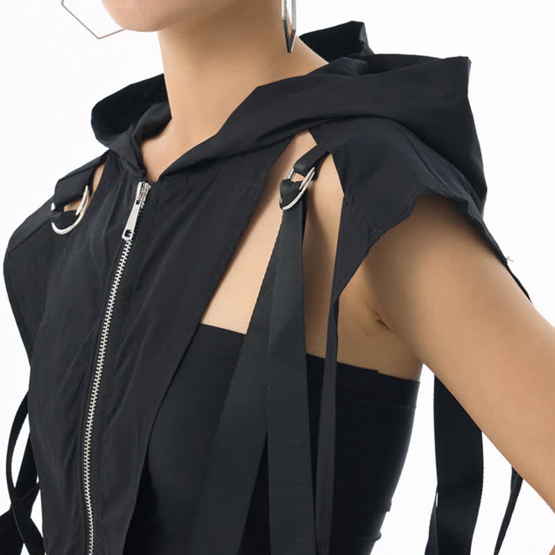Dark Cut Out Strap Zip Up Hooded Sleeveless Vest - image 7