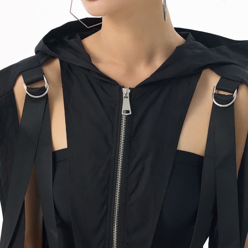 Dark Cut Out Strap Zip Up Hooded Sleeveless Vest - image 6