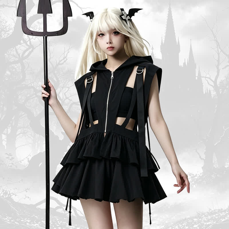 Dark Cut Out Strap Zip Up Hooded Sleeveless Vest - image 1