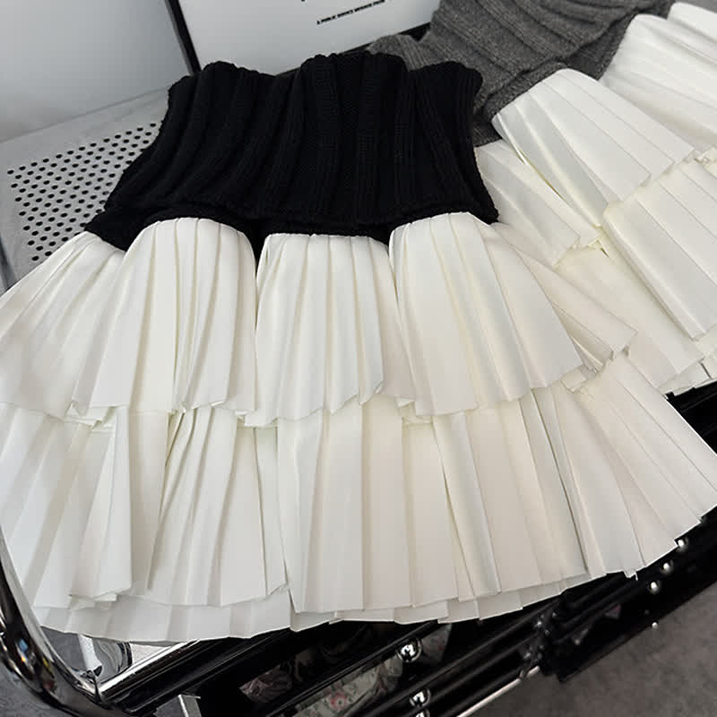 Color Block Knit High Waist Double Layer Pleated Skirt - image 6