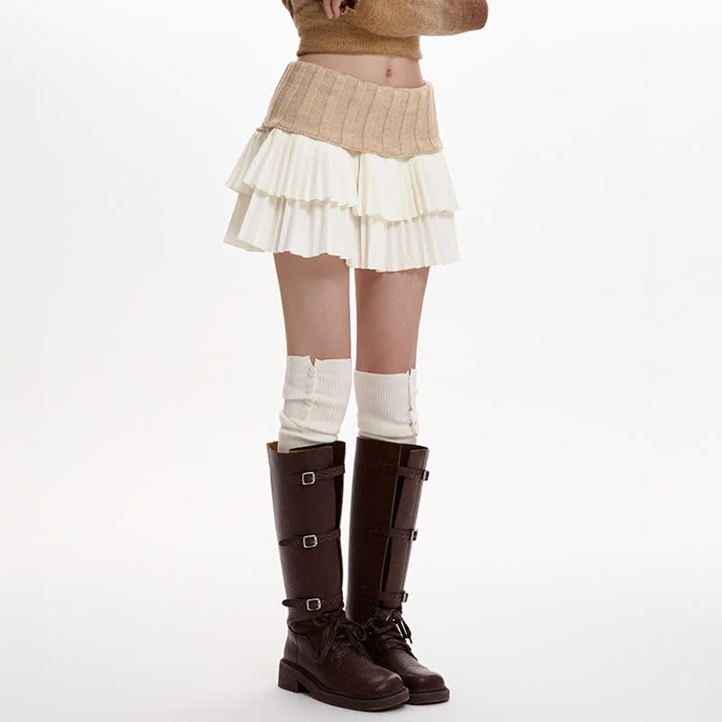Color Block Knit High Waist Double Layer Pleated Skirt - Apricot - 3XL - image 5