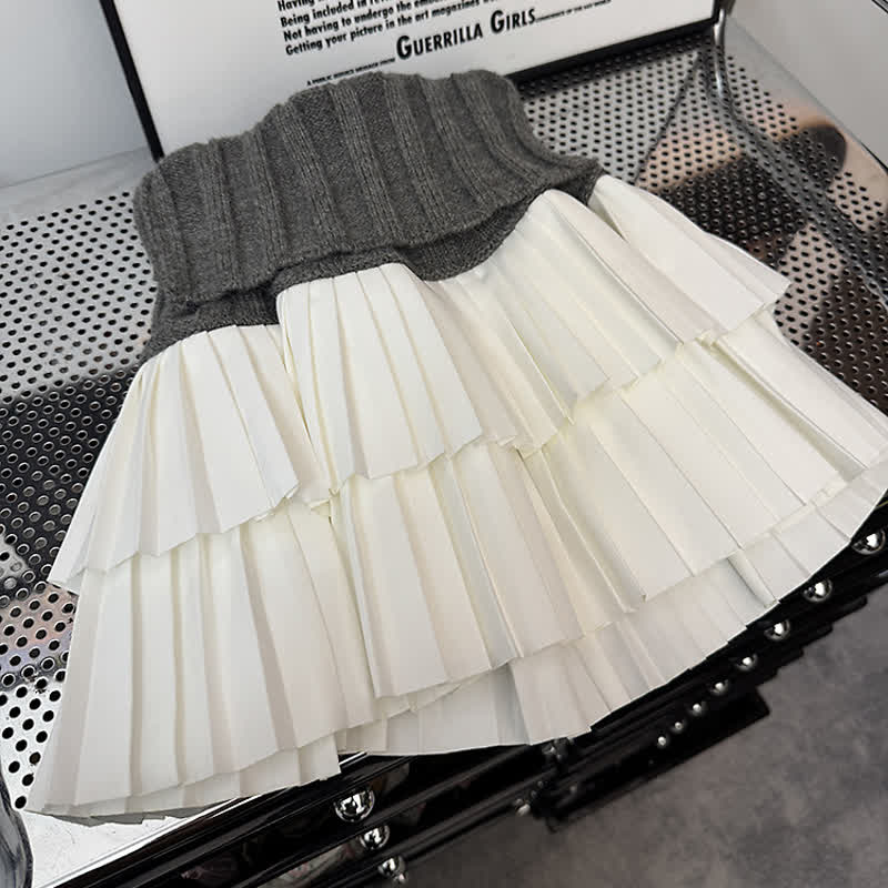 Color Block Knit High Waist Double Layer Pleated Skirt - image 7